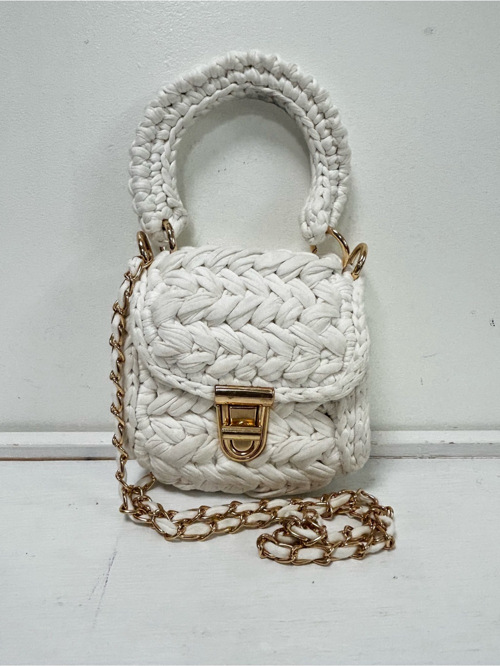 Stefanel White Woven Mini Bag Braided Top Handle Gold Chain Hardware Crossbody